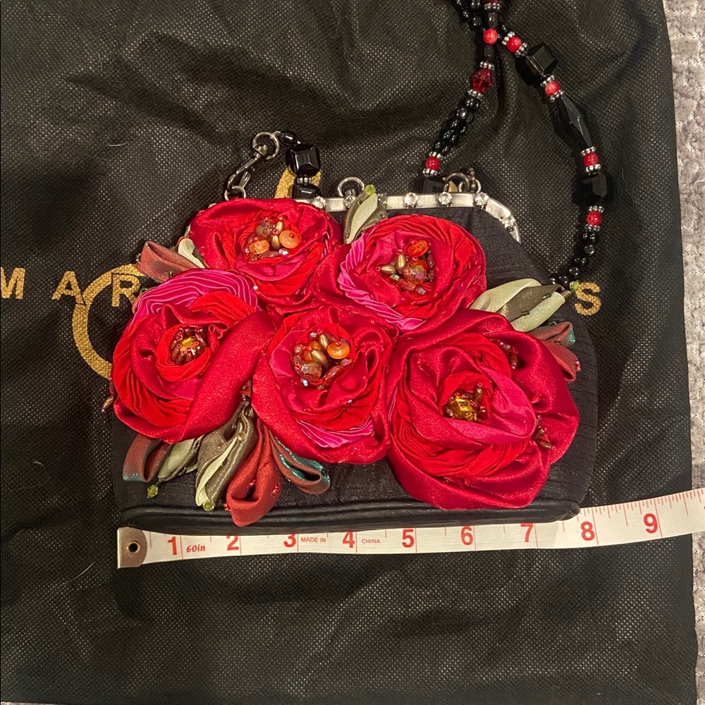 Vintage Mary Frances Black Bag with Red Floral Rose Design - Picture 5 of 8